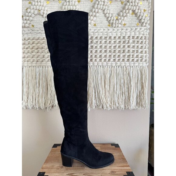 Stuart Weitzman Hitest Black Suede Leather Mid Block Heel Over The Knee Boots - Picture 9 of 16